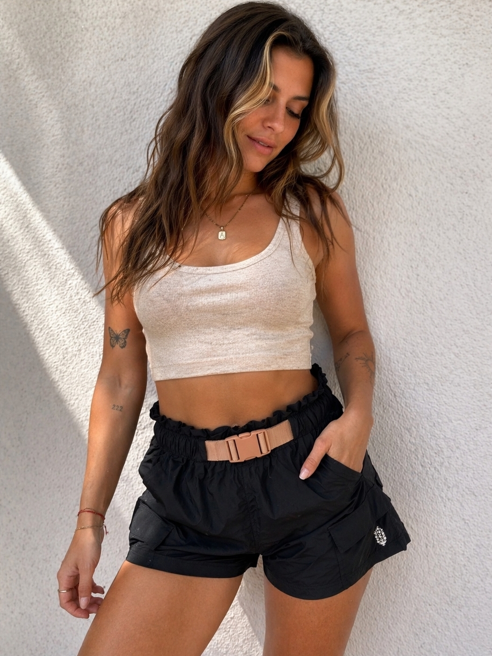 FP Movement by Free People Black Cargo Shorts with Tan Belt
